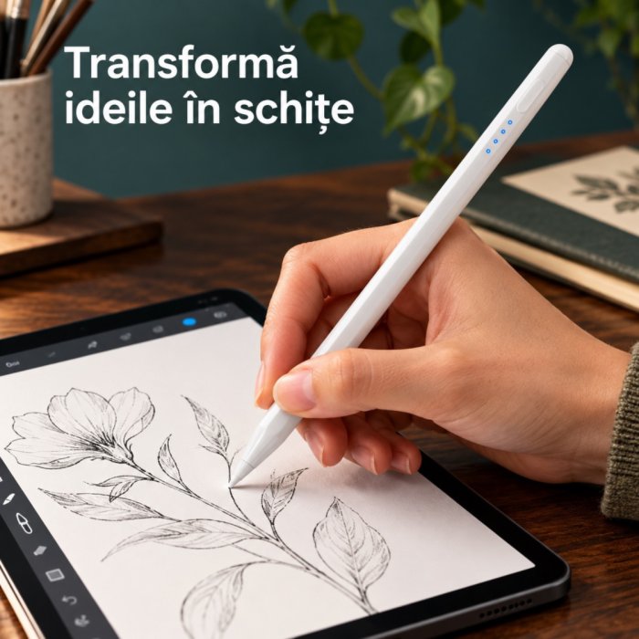 Stylus universal VarioShop® pentru tablete, telefoane si ecrane tactile, varf fin 2 mm, incarcare USB-C, autonomie 7 h, prindere magnetica, indicator baterie LED, alb [5]