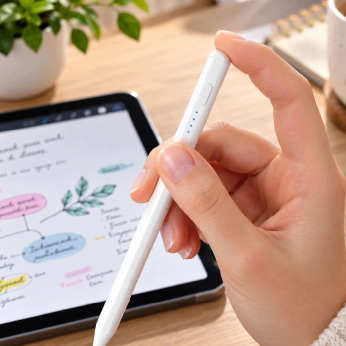 Stylus universal VarioShop® pentru tablete, telefoane si ecrane tactile, varf fin 2 mm, incarcare USB-C, autonomie 7 h, prindere magnetica, indicator baterie LED, alb [8]