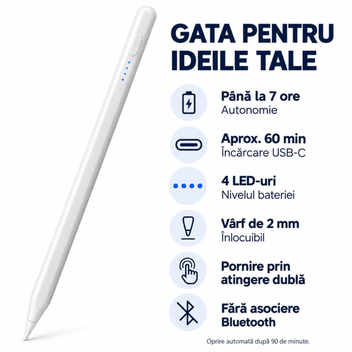 Stylus universal VarioShop® pentru tablete, telefoane si ecrane tactile, varf fin 2 mm, incarcare USB-C, autonomie 7 h, prindere magnetica, indicator baterie LED, alb [3]