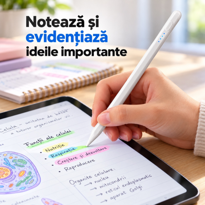 Stylus universal VarioShop® pentru tablete, telefoane si ecrane tactile, varf fin 2 mm, incarcare USB-C, autonomie 7 h, prindere magnetica, indicator baterie LED, alb [2]
