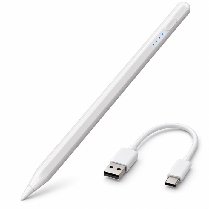 Stylus universal VarioShop® pentru tablete, telefoane si ecrane tactile, varf fin 2 mm, incarcare USB-C, autonomie 7 h, prindere magnetica, indicator baterie LED, alb [10]
