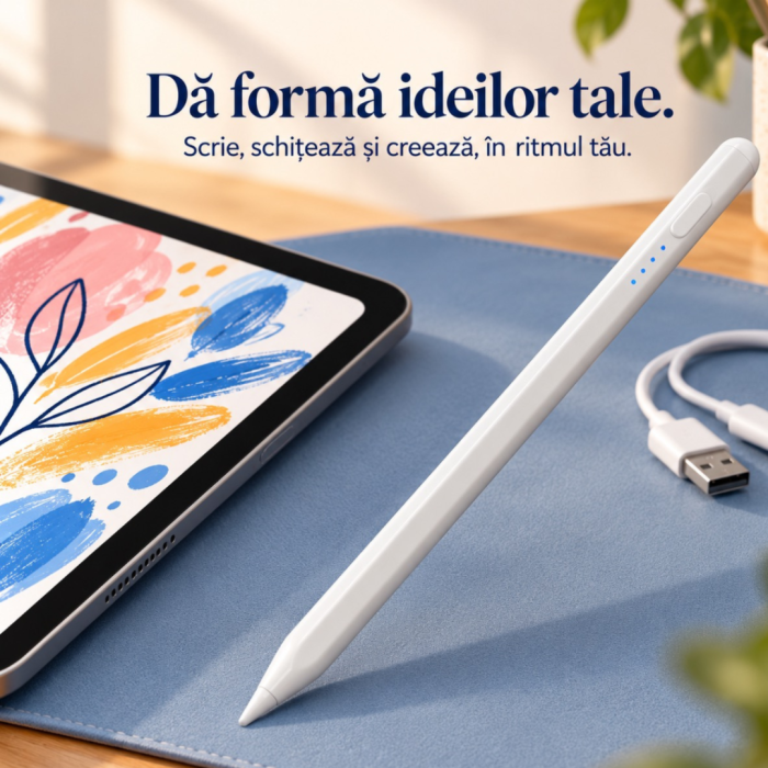Stylus universal VarioShop® pentru tablete, telefoane si ecrane tactile, varf fin 2 mm, incarcare USB-C, autonomie 7 h, prindere magnetica, indicator baterie LED, alb [6]