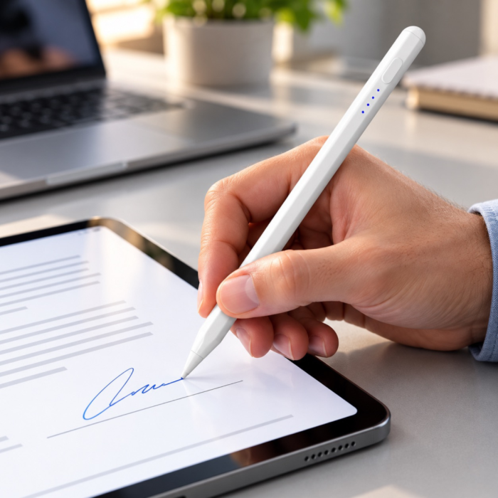 Stylus universal VarioShop® pentru tablete, telefoane si ecrane tactile, varf fin 2 mm, incarcare USB-C, autonomie 7 h, prindere magnetica, indicator baterie LED, alb [7]