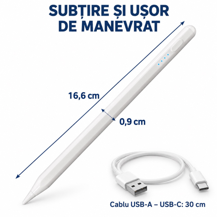 Stylus universal VarioShop® pentru tablete, telefoane si ecrane tactile, varf fin 2 mm, incarcare USB-C, autonomie 7 h, prindere magnetica, indicator baterie LED, alb [4]