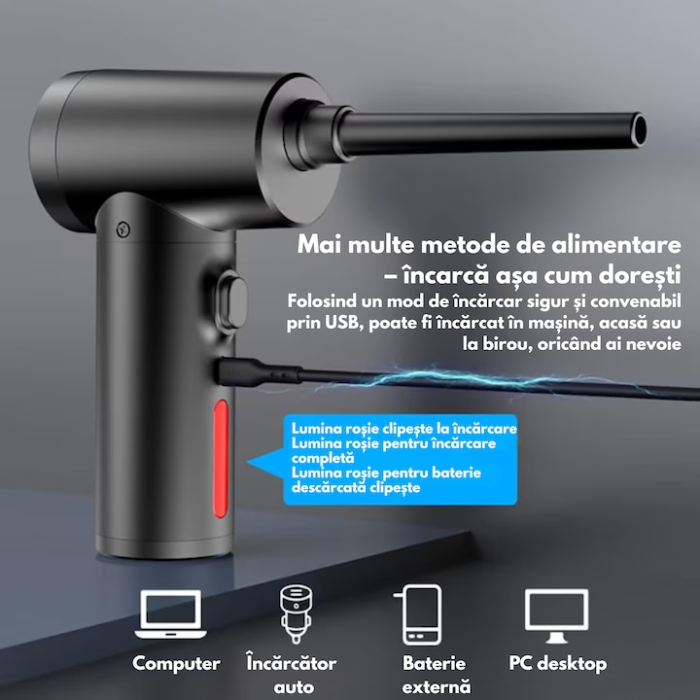 Suflanta electrica portabila cu aer comprimat VarioShop®, fara fir, baterie incorporata 6000 mAh, incarcare rapida USB-C, 2 trepte de viteza, LED si 4 varfuri interschimbabile, Negru [4]
