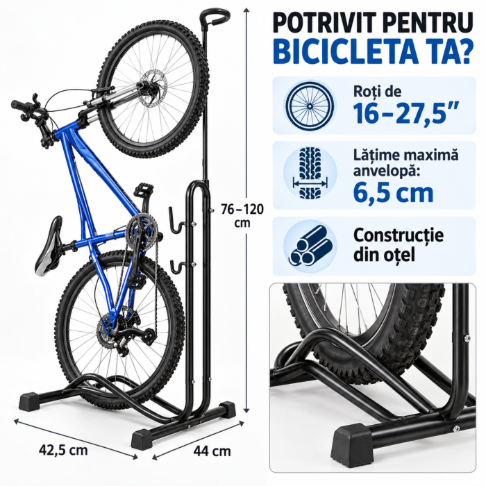 Suport bicicleta VarioShop, pentru depozitare verticala si orizontala, reglabil, roti 16–27,5 inch, anvelope pana la 6,5 cm, otel [3]