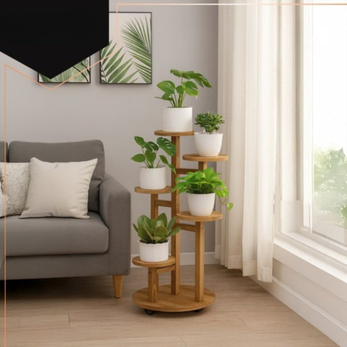 Suport de flori din lemn VarioShop®, vertical, cu 6 niveluri pentru 7 ghivece, design elegant, mobil si rezistent, ideal pentru interior si exterior [5]