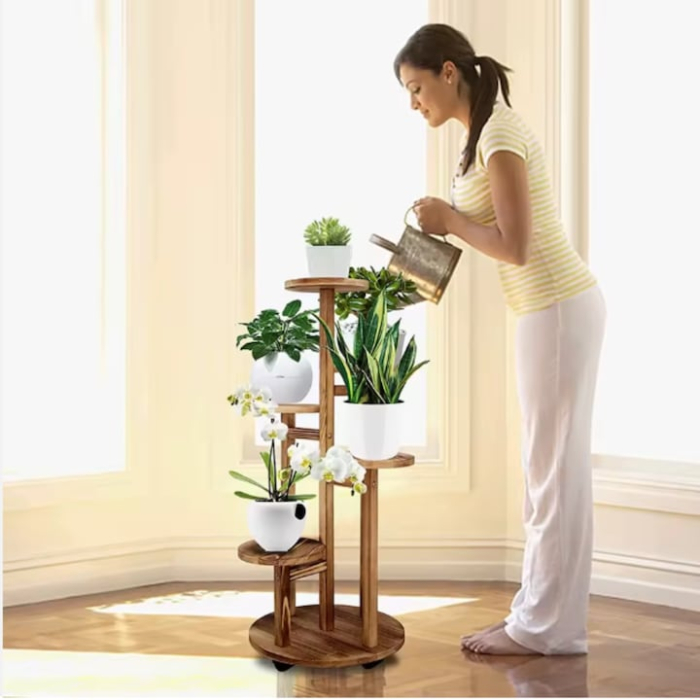 Suport de flori din lemn VarioShop®, vertical, cu 6 niveluri pentru 7 ghivece, design elegant, mobil si rezistent, ideal pentru interior si exterior [9]