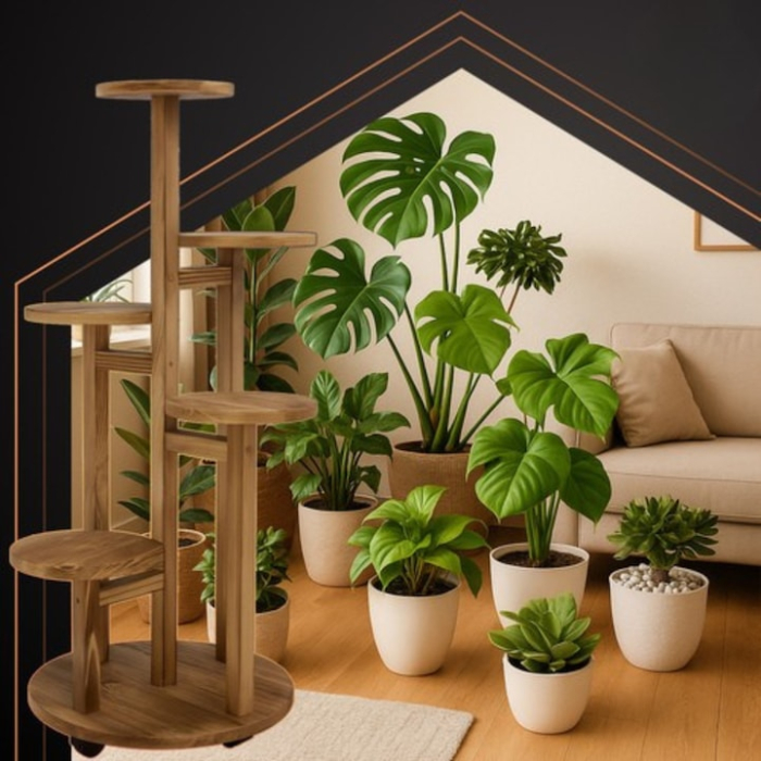 Suport de flori din lemn VarioShop®, vertical, cu 6 niveluri pentru 7 ghivece, design elegant, mobil si rezistent, ideal pentru interior si exterior [7]