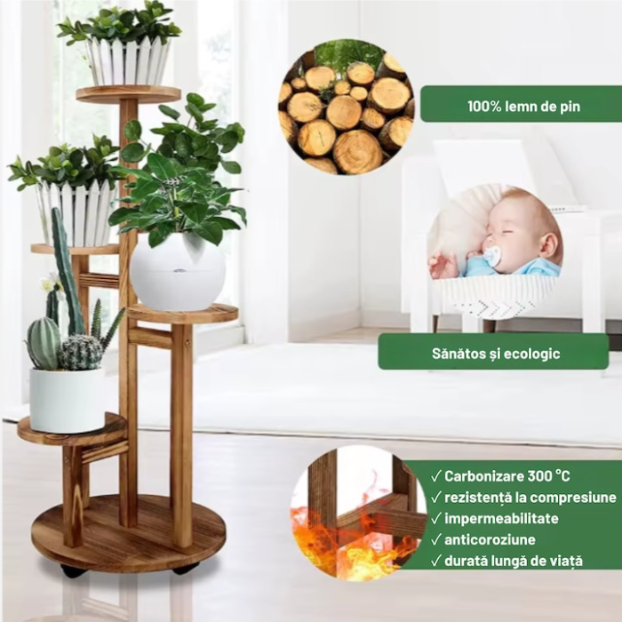 Suport de flori din lemn VarioShop®, vertical, cu 6 niveluri pentru 7 ghivece, design elegant, mobil si rezistent, ideal pentru interior si exterior [3]