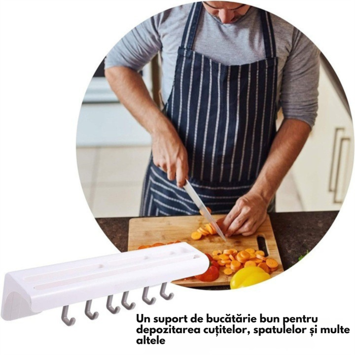 Suport de perete autoadeziv pentru cutite VarioShop®, ustensile de bucatarie, 6 carlige, montare fara gaurire, instalare usoara, 25.7 x 6 x 5.5 cm, Alb [2]
