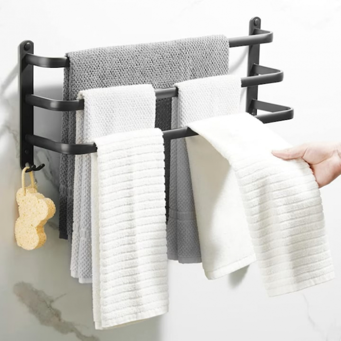 Suport de Prosoape VarioShop®, Montare pe Perete, 3 Nivele, Accesorii Instalare, Rezistent la Apa si Rugina, Aluminiu, 49 x 24 cm, Negru [12]