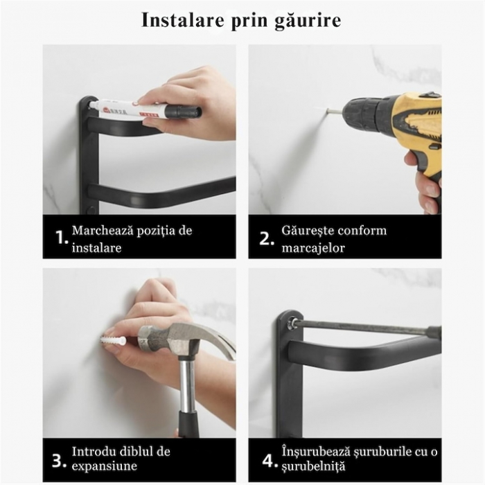 Suport de Prosoape VarioShop®, Montare pe Perete, 3 Nivele, Accesorii Instalare, Rezistent la Apa si Rugina, Aluminiu, 49 x 24 cm, Negru [6]