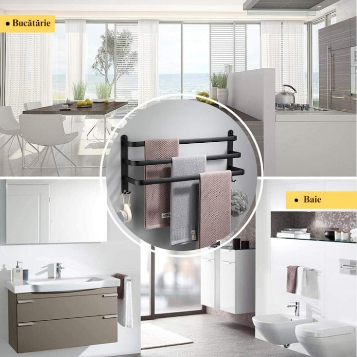 Suport de Prosoape VarioShop®, Montare pe Perete, 3 Nivele, Accesorii Instalare, Rezistent la Apa si Rugina, Aluminiu, 49 x 24 cm, Negru [2]
