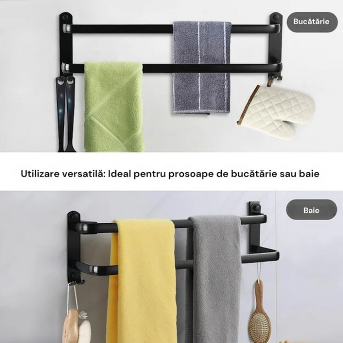 Suport de Prosoape VarioShop®, Montare pe Perete, Level 2.0, Accesorii Instalare, Rezistent la Apa si Rugina, Aluminiu, 60 cm, Negru [5]