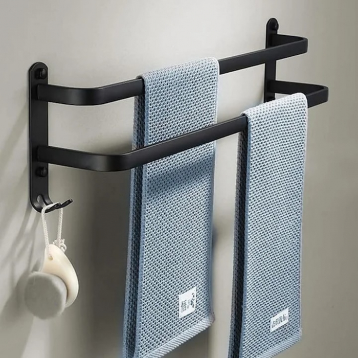 Suport de Prosoape VarioShop®, Montare pe Perete, Level 2.0, Accesorii Instalare, Rezistent la Apa si Rugina, Aluminiu, 60 cm, Negru [2]