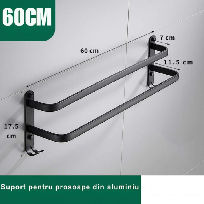 Suport de Prosoape VarioShop®, Montare pe Perete, Level 2.0, Accesorii Instalare, Rezistent la Apa si Rugina, Aluminiu, 60 cm, Negru [10]