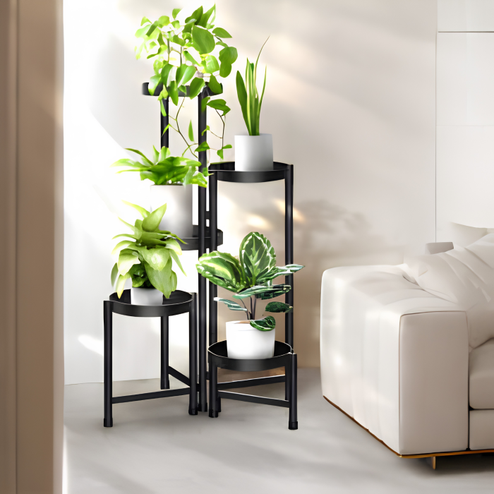 Suport flori metalic  VarioShop®80 cm, 5 rafturi pentru plante, etajera ghivece stil loft, suport plante interior negru, organizator flori modern pentru living, balcon si birou [4]