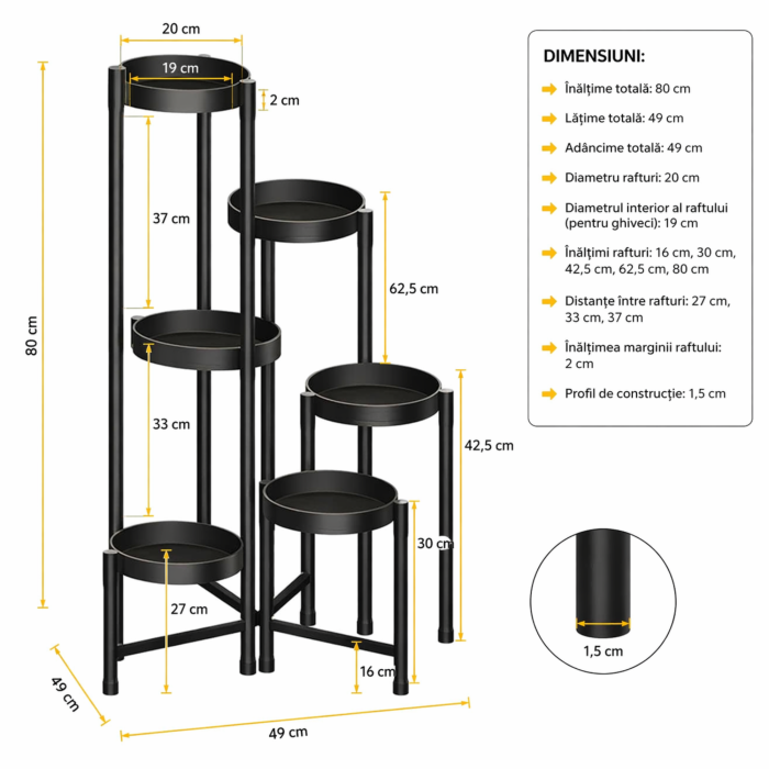 Suport flori metalic  VarioShop®80 cm, 5 rafturi pentru plante, etajera ghivece stil loft, suport plante interior negru, organizator flori modern pentru living, balcon si birou [2]