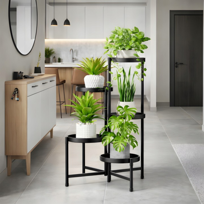 Suport flori metalic  VarioShop®80 cm, 5 rafturi pentru plante, etajera ghivece stil loft, suport plante interior negru, organizator flori modern pentru living, balcon si birou [5]