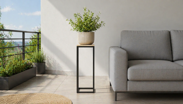 Suport flori  VarioShop® , stejar/negru, metal, 23 x 23 x 63 cm – suport plante decorativ stil modern pentru interior [5]