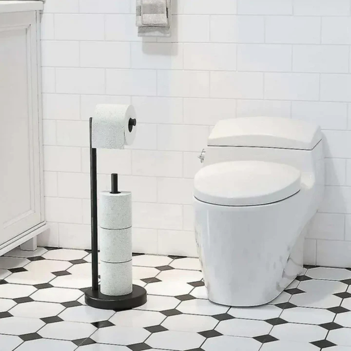 Suport hartie igienica VarioShop® negru otel 55 cm baza antiderapanta suport vertical baie si prosoape bucatarie design modern compact [4]