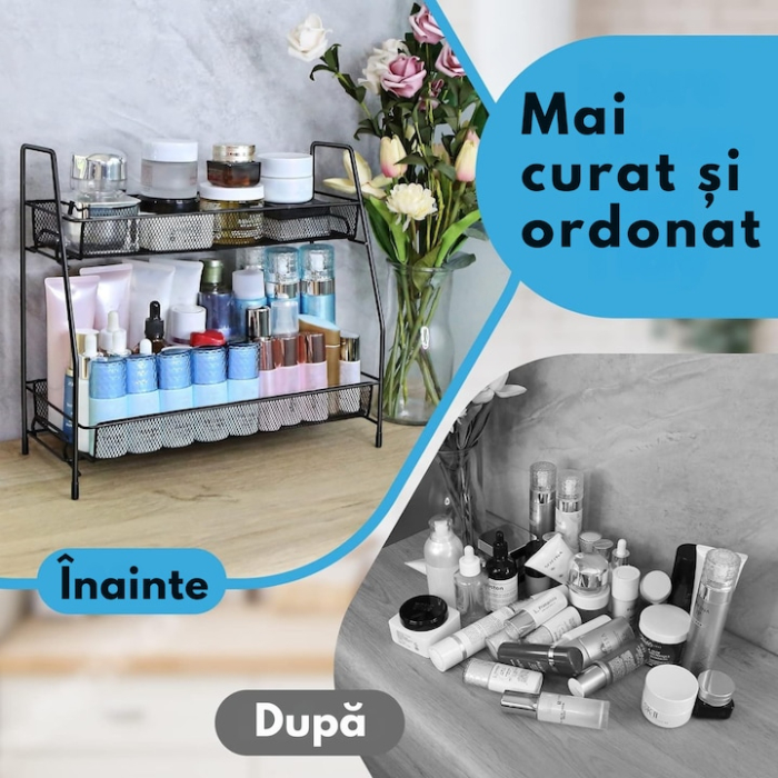 Suport metalic multifunctional pentru organizare VarioShop®, cu 2 etaje, stabil, montare usoara, ideal pentru condimente, cosmetice, 32.5 x 14 x 31 cm, Negru [4]