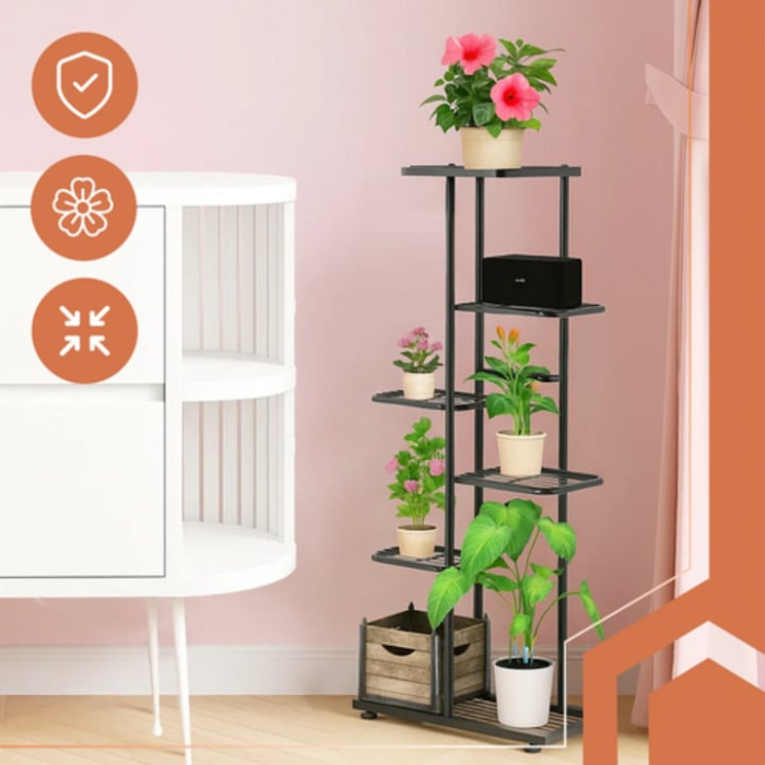 Suport metalic pentru plante VarioShop®, cu 6 niveluri, stil loft, structura stabila, design modern, montaj usor, ideal pentru interior, negru [2]