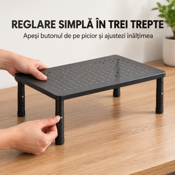 Suport monitor si laptop VarioShop®, pentru organizarea biroului, inaltime reglabila pe 3 niveluri, platforma perforata, picioare antiderapante, otel, sarcina maxima 20 kg, 37×23,6 cm [8]