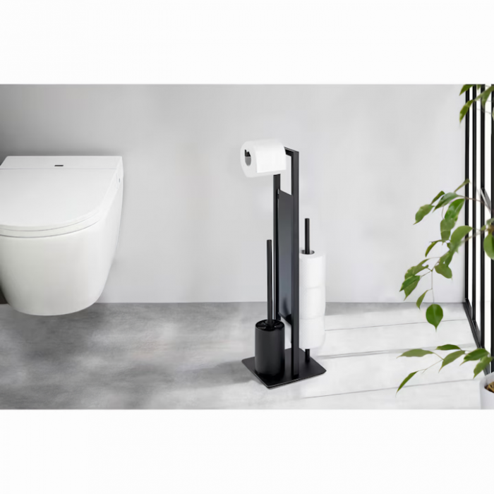 Suport multifunctional VarioShop®, pentru Hartie igienica cu perie de WC si Suport pentru role, Design elegant din Otel vopsit cu pulbere, Sticla si PVC de inalta Calitate, culoare Negru Mat, 70 x 20 [10]