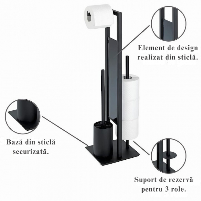 Suport multifunctional VarioShop®, pentru Hartie igienica cu perie de WC si Suport pentru role, Design elegant din Otel vopsit cu pulbere, Sticla si PVC de inalta Calitate, culoare Negru Mat, 70 x 20 [18]