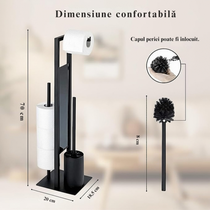 Suport multifunctional VarioShop®, pentru Hartie igienica cu perie de WC si Suport pentru role, Design elegant din Otel vopsit cu pulbere, Sticla si PVC de inalta Calitate, culoare Negru Mat, 70 x 20 [17]