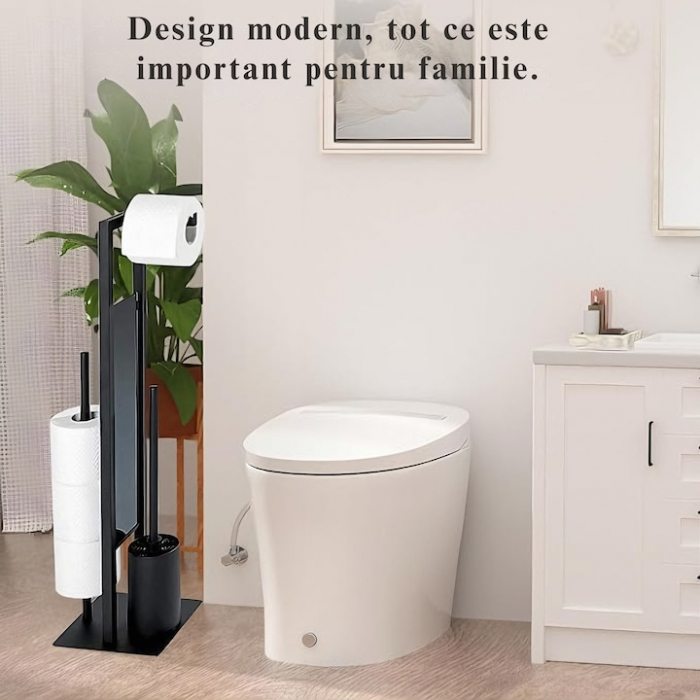 Suport multifunctional VarioShop®, pentru Hartie igienica cu perie de WC si Suport pentru role, Design elegant din Otel vopsit cu pulbere, Sticla si PVC de inalta Calitate, culoare Negru Mat, 70 x 20 [8]