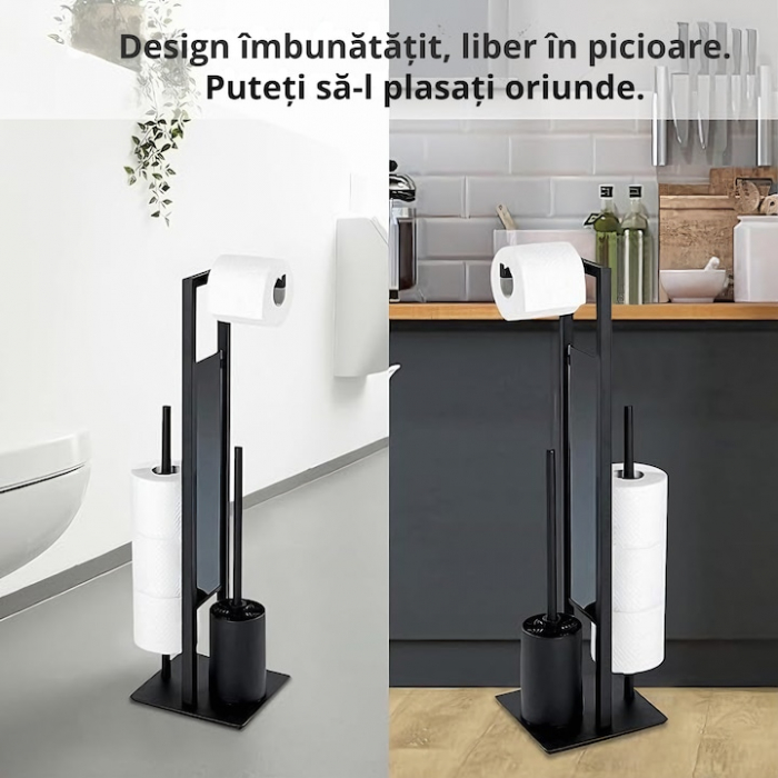 Suport multifunctional VarioShop®, pentru Hartie igienica cu perie de WC si Suport pentru role, Design elegant din Otel vopsit cu pulbere, Sticla si PVC de inalta Calitate, culoare Negru Mat, 70 x 20 [2]