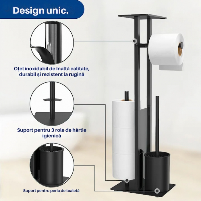 Suport multifunctional VarioShop®, pentru Hartie igienica cu perie de WC si Suport pentru role, Design elegant din Otel vopsit cu pulbere, Sticla si PVC de inalta Calitate, culoare Negru Mat, 70 x 20 [4]
