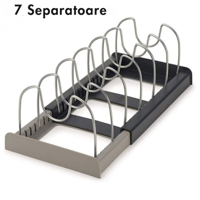 Suport Organizator Extensibil Pentru Vase VarioShop®, Capace, Oale, Tigai, Economisire Spatiu, Estetic, 7 Separatoare, 56 x 21 x 16 cm, Gri [2]