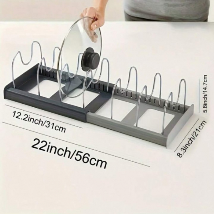 Suport Organizator Extensibil Pentru Vase VarioShop®, Capace, Oale, Tigai, Economisire Spatiu, Estetic, 7 Separatoare, 56 x 21 x 16 cm, Gri [3]