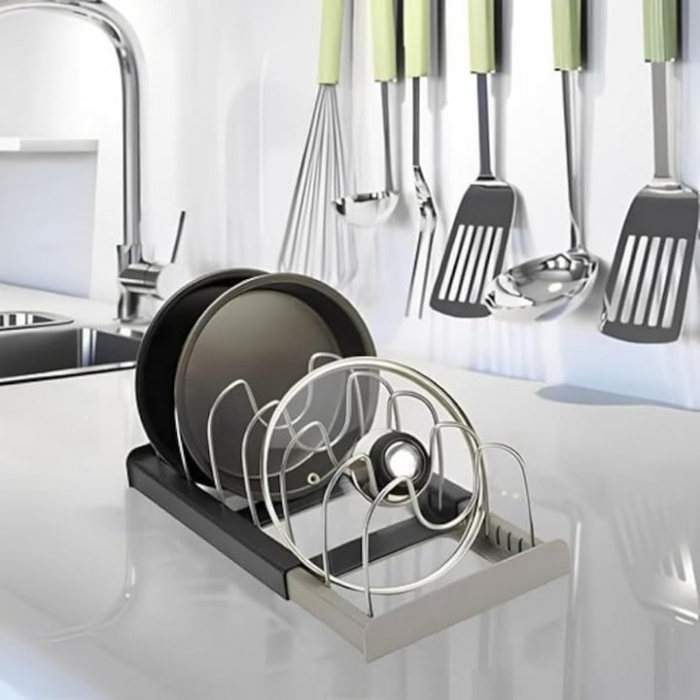 Suport Organizator Extensibil Pentru Vase VarioShop®, Capace, Oale, Tigai, Economisire Spatiu, Estetic, 7 Separatoare, 56 x 21 x 16 cm, Gri [8]