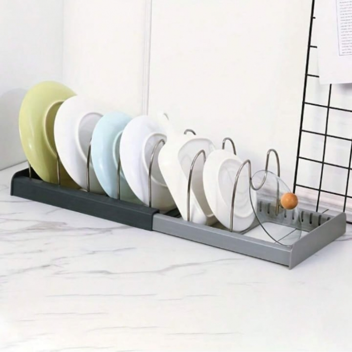 Suport Organizator Extensibil Pentru Vase VarioShop®, Capace, Oale, Tigai, Economisire Spatiu, Estetic, 7 Separatoare, 56 x 21 x 16 cm, Gri [9]