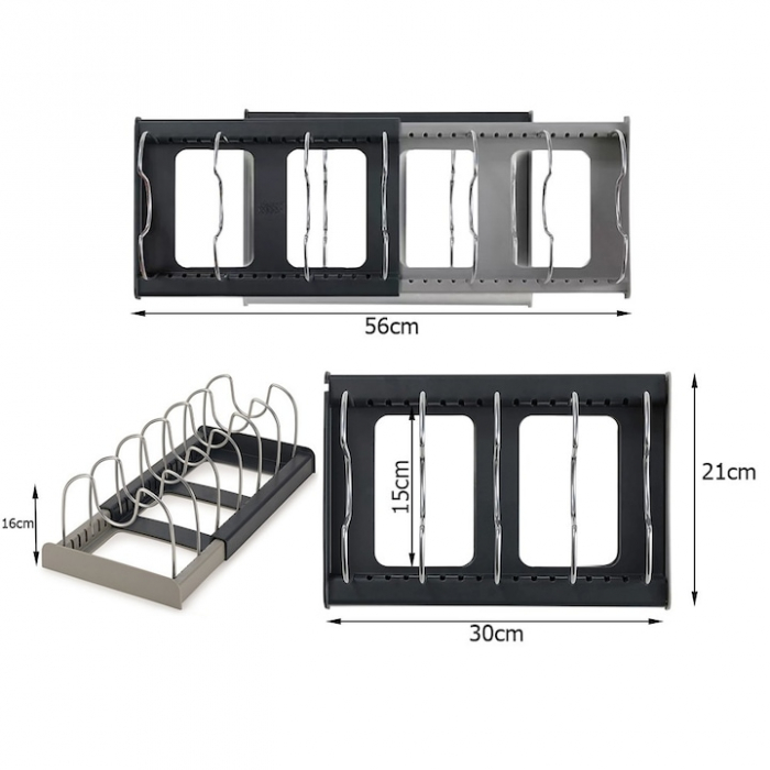 Suport Organizator Extensibil Pentru Vase VarioShop®, Capace, Oale, Tigai, Economisire Spatiu, Estetic, 7 Separatoare, 56 x 21 x 16 cm, Gri [13]