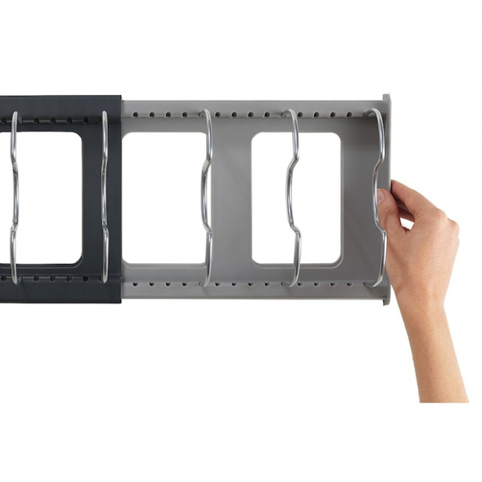 Suport Organizator Extensibil Pentru Vase VarioShop®, Capace, Oale, Tigai, Economisire Spatiu, Estetic, 7 Separatoare, 56 x 21 x 16 cm, Gri [12]