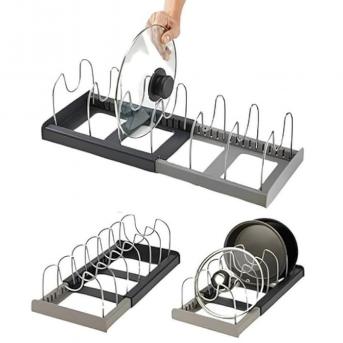 Suport Organizator Extensibil Pentru Vase VarioShop®, Capace, Oale, Tigai, Economisire Spatiu, Estetic, 7 Separatoare, 56 x 21 x 16 cm, Gri [18]