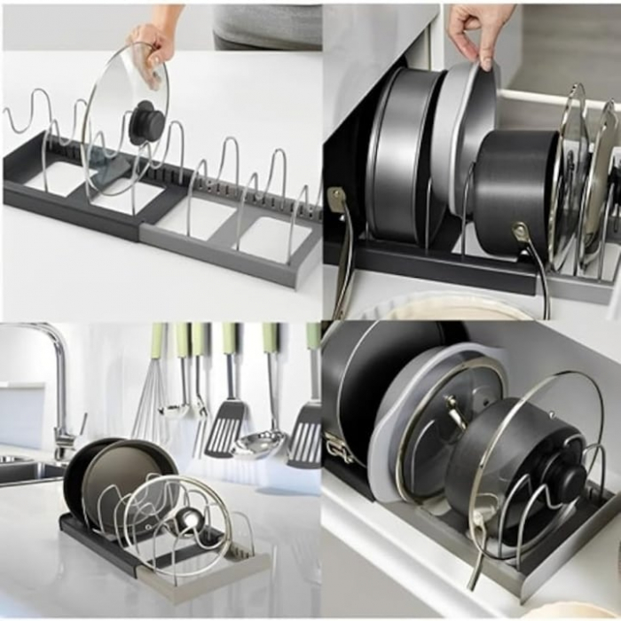 Suport Organizator Extensibil Pentru Vase VarioShop®, Capace, Oale, Tigai, Economisire Spatiu, Estetic, 7 Separatoare, 56 x 21 x 16 cm, Gri [6]