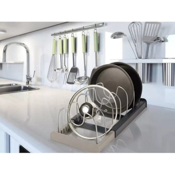 Suport Organizator Extensibil Pentru Vase VarioShop®, Capace, Oale, Tigai, Economisire Spatiu, Estetic, 7 Separatoare, 56 x 21 x 16 cm, Gri [14]