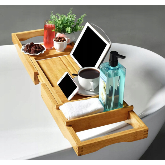 Suport pentru cada din bambus VarioShop®, ajustabil 70-103 cm, cu spatii pentru tableta, carte, pahar, sapun si lumanare [3]