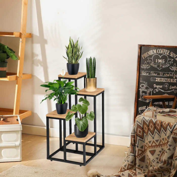Suport pentru flori VarioShop®, 4 niveluri, stil loft industrial, structura metalica, polite stejar Sonoma, 34x34x69 cm, negru [6]