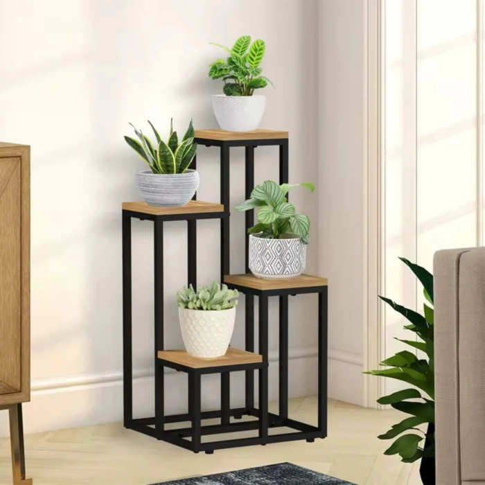 Suport pentru flori VarioShop®, 4 niveluri, stil loft industrial, structura metalica, polite stejar Sonoma, 34x34x69 cm, negru [4]