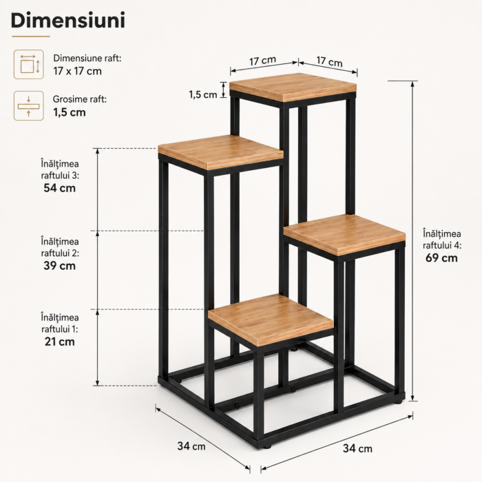 Suport pentru flori VarioShop®, 4 niveluri, stil loft industrial, structura metalica, polite stejar Sonoma, 34x34x69 cm, negru [3]