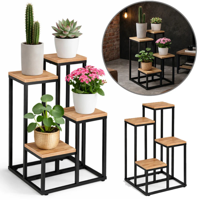 Suport pentru flori VarioShop®, 4 niveluri, stil loft industrial, structura metalica, polite stejar Sonoma, 34x34x69 cm, negru [8]