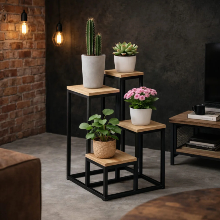 Suport pentru flori VarioShop®, 4 niveluri, stil loft industrial, structura metalica, polite stejar Sonoma, 34x34x69 cm, negru [2]
